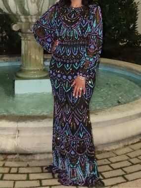 Women's Long Sequin Evening Gown - Black with Multicolor Purple and Blue Accents